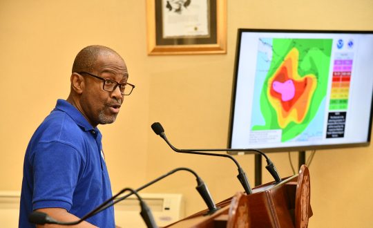 Principal Director of the Meteorological Service of Jamaica (Met Service), Evan Thompson, provides an update on Hurricane Melissa during a special press briefing at Jamaica House on Saturday (October 25).